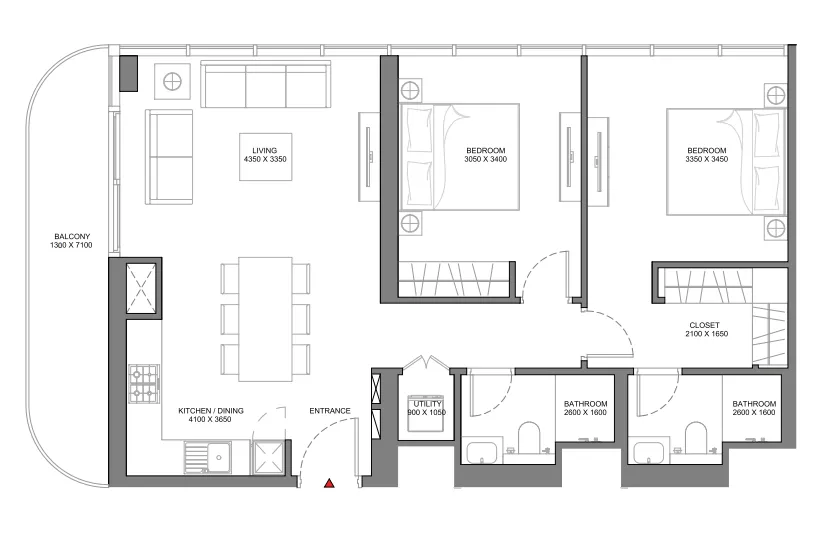 Beach Residences at Siniya Island 2 bed floor plan, 991 – 992 sqft