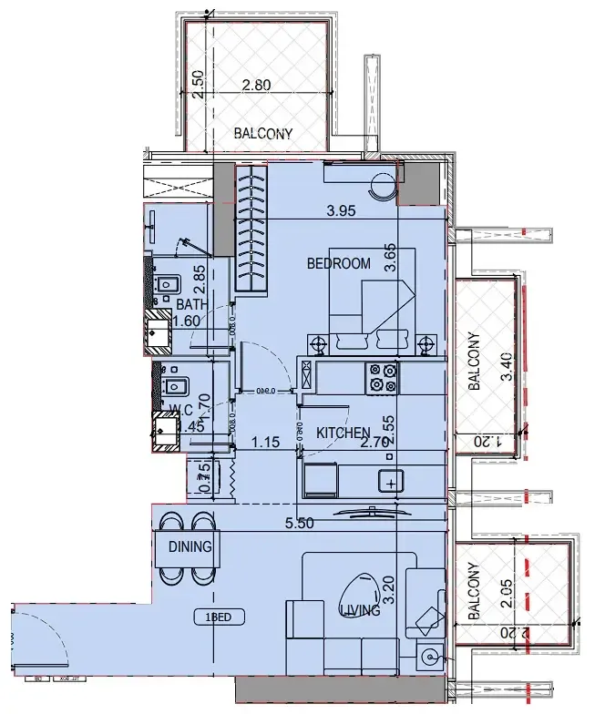 Binghatti Luxuria 1 bed floor plan, 738 sqft