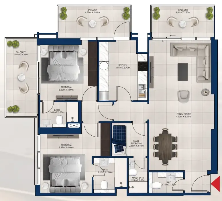Al Vista 2 bed floor plan, 1,450 sqft