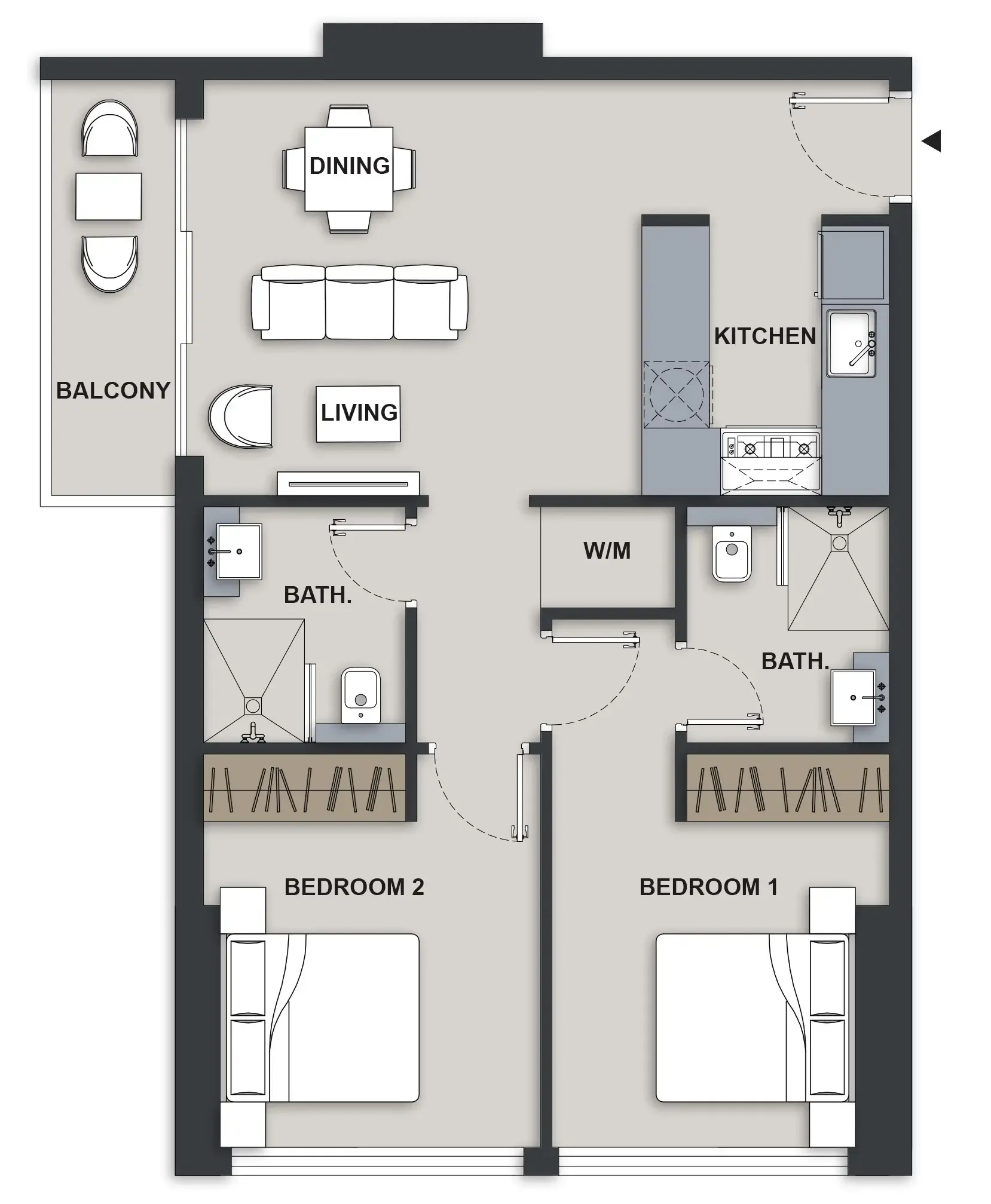 Maison Elysee III 2 bed floor plan, 713 sqft