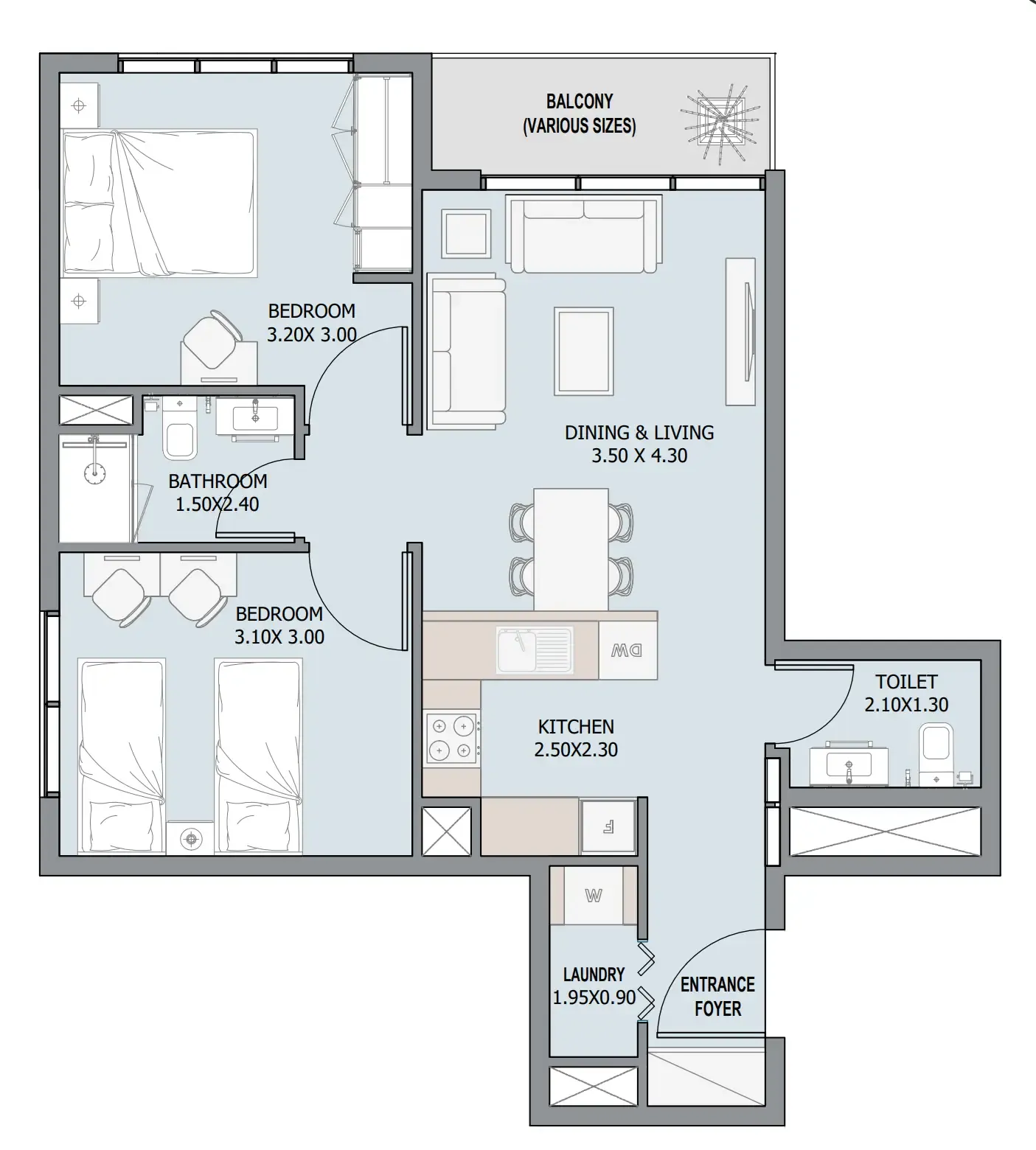 Verdana III 2 bed floor plan, 756 – 966 sqft