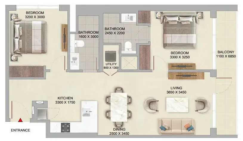 The Woods Abode at Sobha Sanctuary 2 bed floor plan, 961 sqft