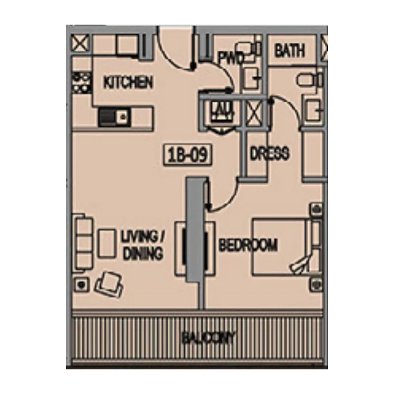 Jade Tower 1 bed floor plan, 744 sqft