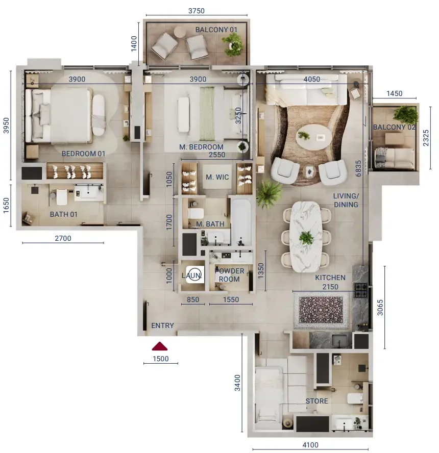 Mirdad 2 bed floor plan, 1,345 sqft