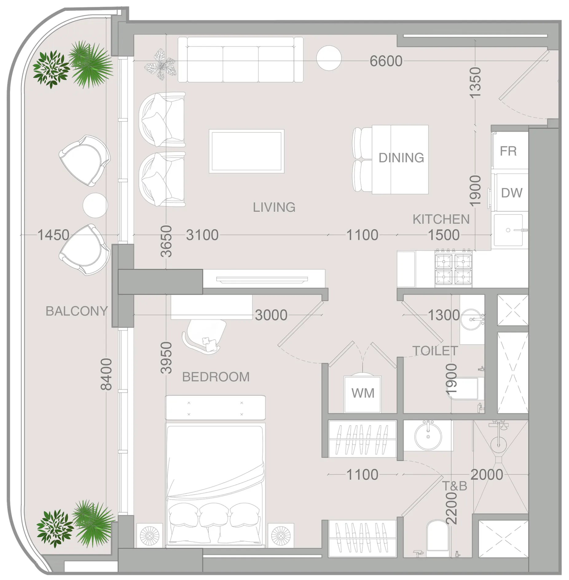 ALTA V1EW 1 bed floor plan, 735 sqft