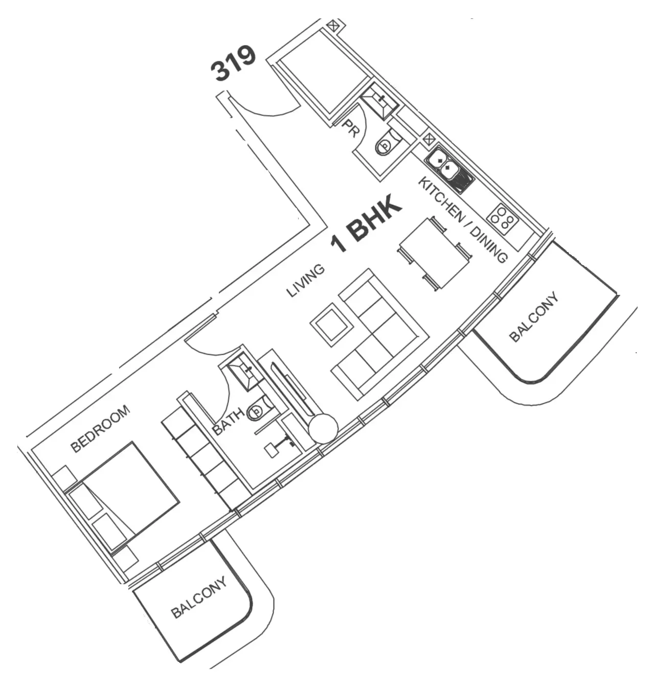 Villa Del Garda 1 bed floor plan, 742 sqft