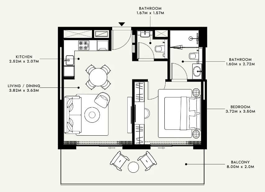 Azizi Venice 1 bed floor plan, 724 sqft
