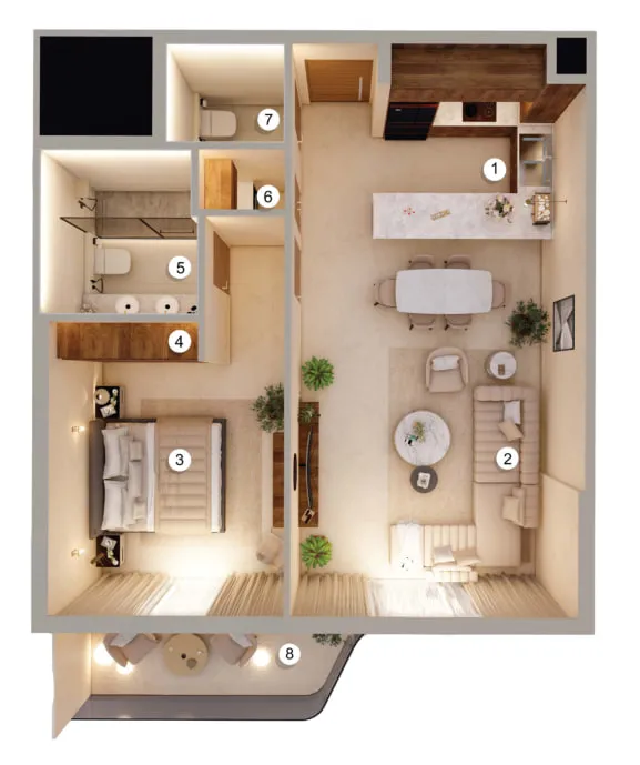 Tivanno Residence 1 bed floor plan, 904 – 1,056 sqft