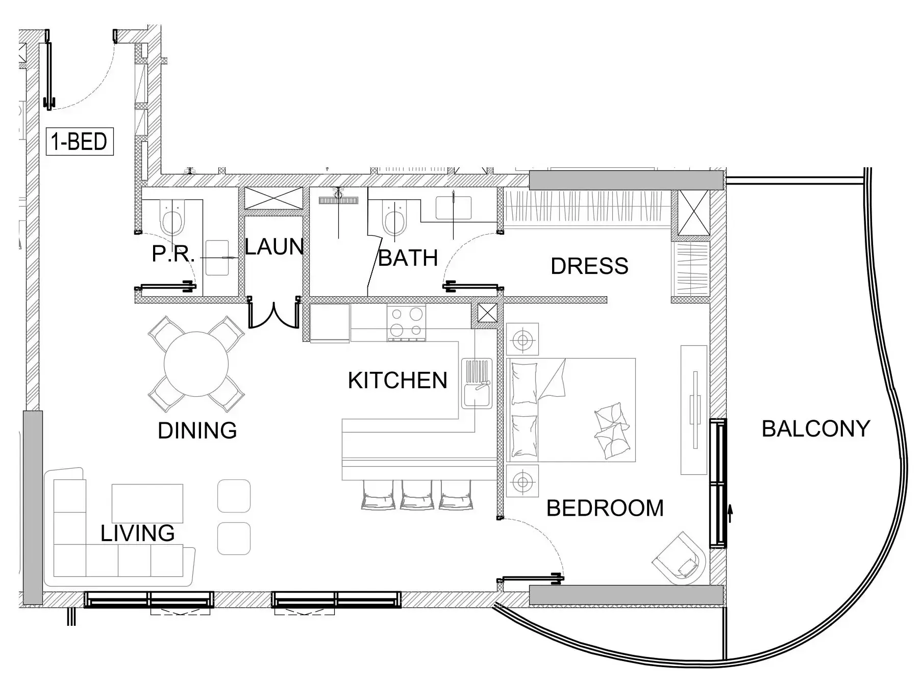 Valencia 1 bed floor plan, 970 sqft