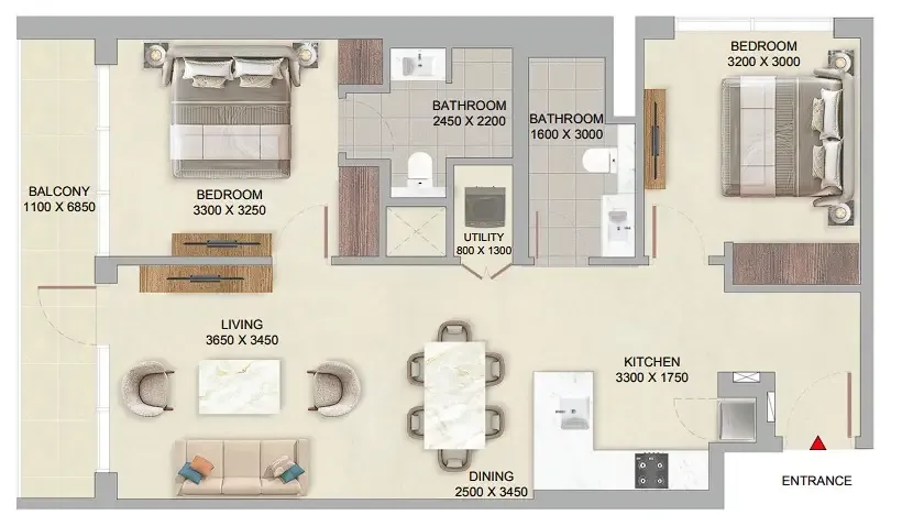 The Woods at Sobha Sanctuary 2 bed floor plan, 961 sqft