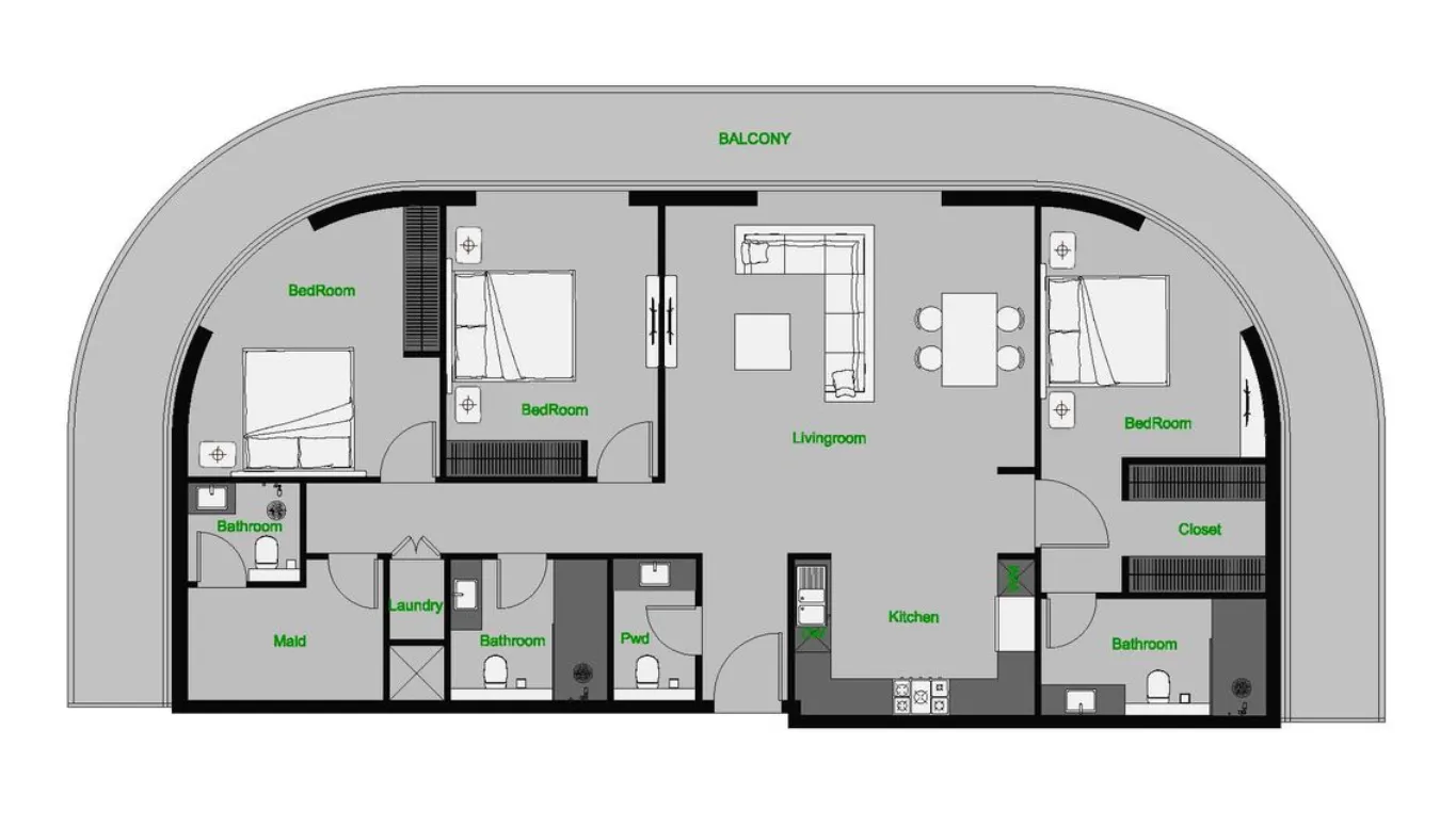 The Central Downtown 3 bed floor plan, 2,204 sqft