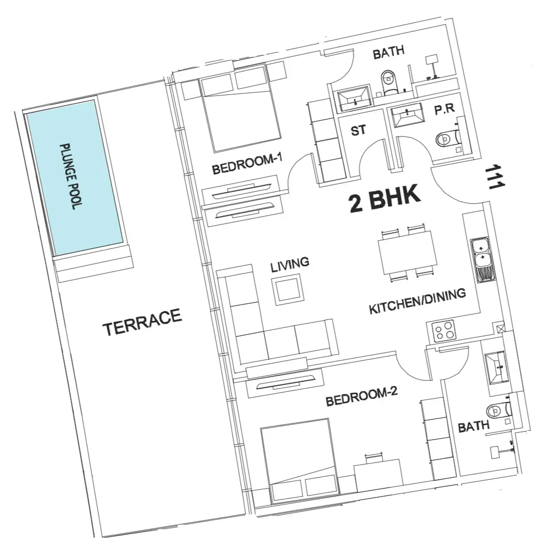 Villa Del Garda 2 bed floor plan, 1,430 sqft