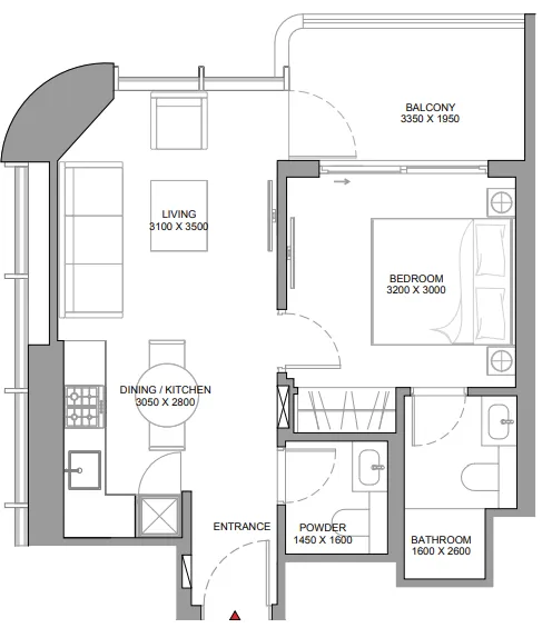 Sobha Aquamont 1 bed floor plan, 577 sqft