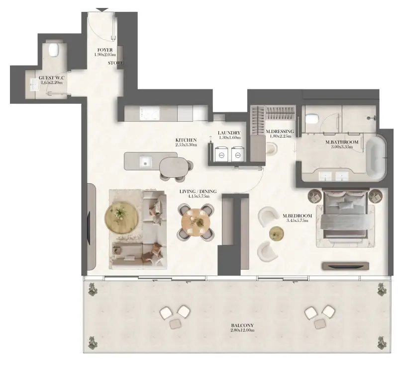 Jumeirah Residences at Al Maryah Island 1 bed floor plan, 1,205 sqft