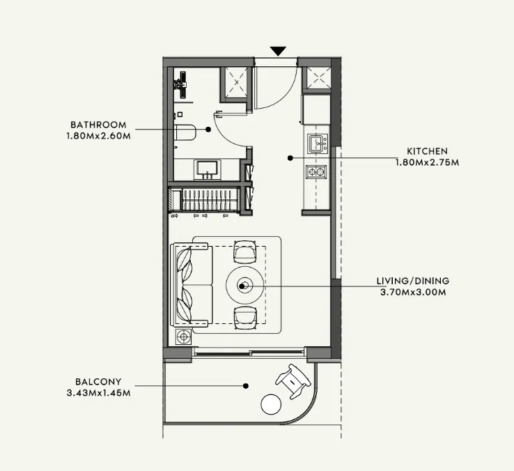 Azizi Venice Studio floor plan, 340 sqft