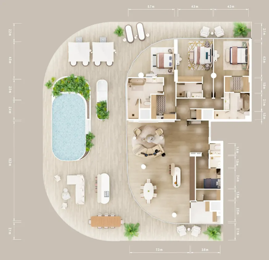 Mandarin Oriental Residences 3 bed floor plan, 5,159 – 6,091 sqft