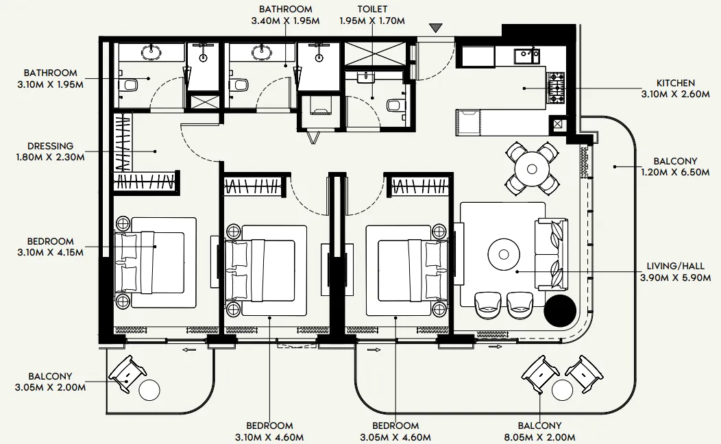Azizi Venice 3 bed floor plan, 1,621 sqft
