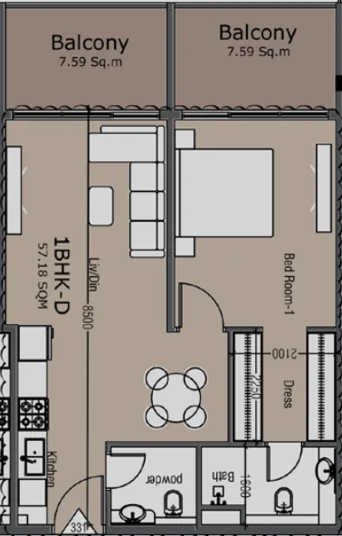 Golden Woods Albab Views 1 bed floor plan, 782 sqft