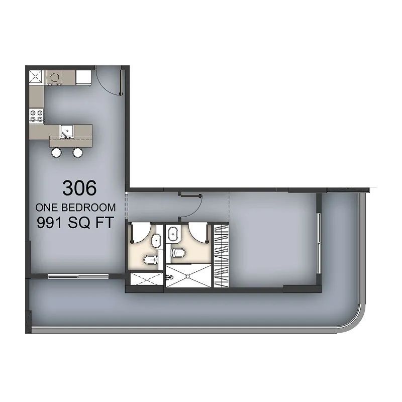 Aizel Tower 1 bed floor plan, 991 sqft
