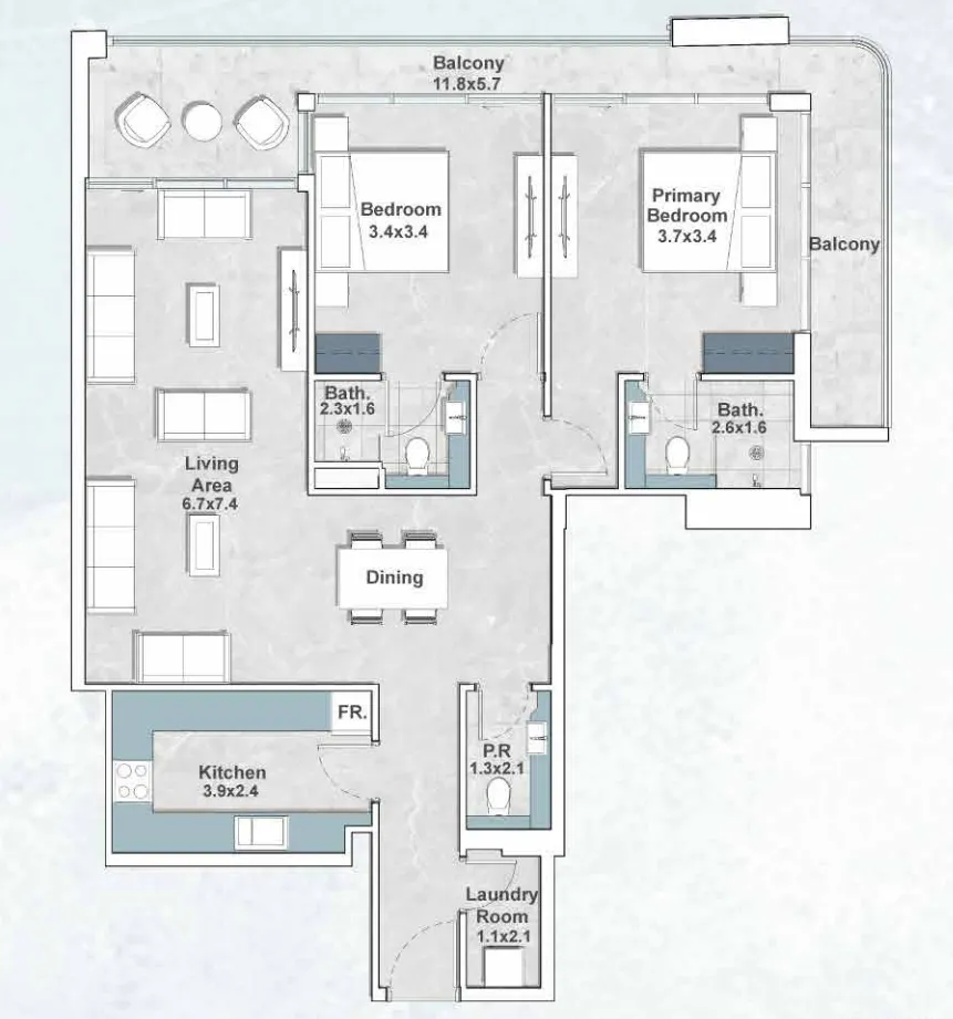 Iraz Creek Views 2 bed floor plan, 1,308 – 1,326 sqft