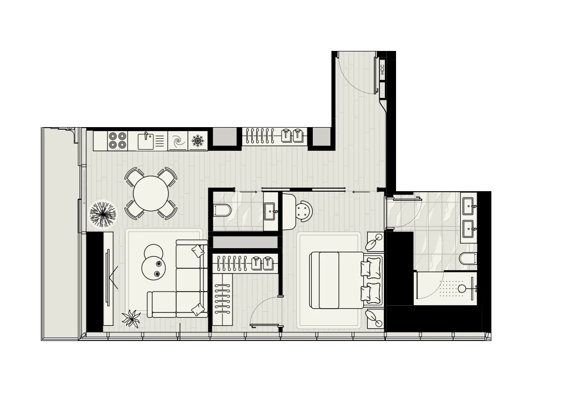Iconic Tower 1 bed floor plan, 866 sqft