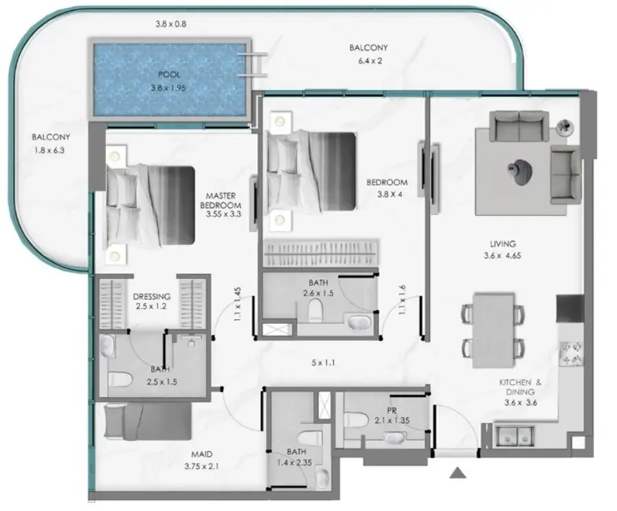 Samana Ocean Bay 2 bed floor plan, 1,391 sqft