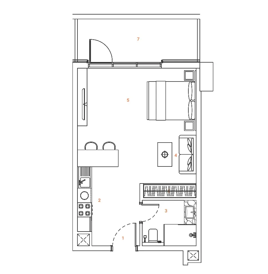 The Orchard Place Towers A & B Studio floor plan, 536 – 537 sqft