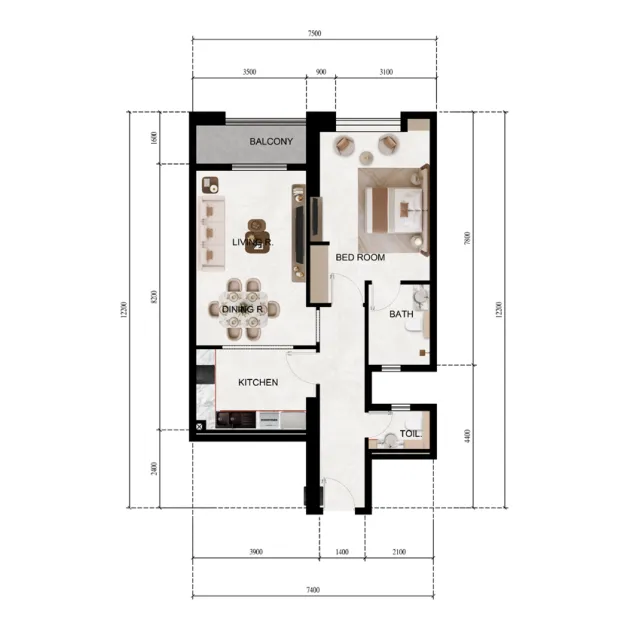 Lily Tower 1 bed floor plan, 782 sqft