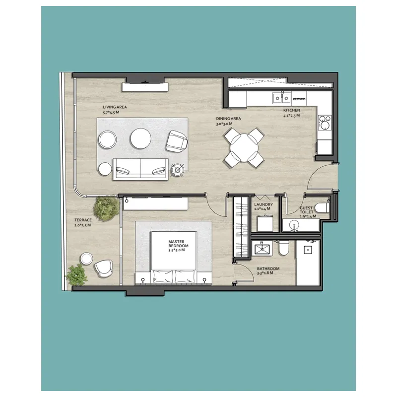 Vistal by Victoria Swarovski 1 bed floor plan, 892 sqft