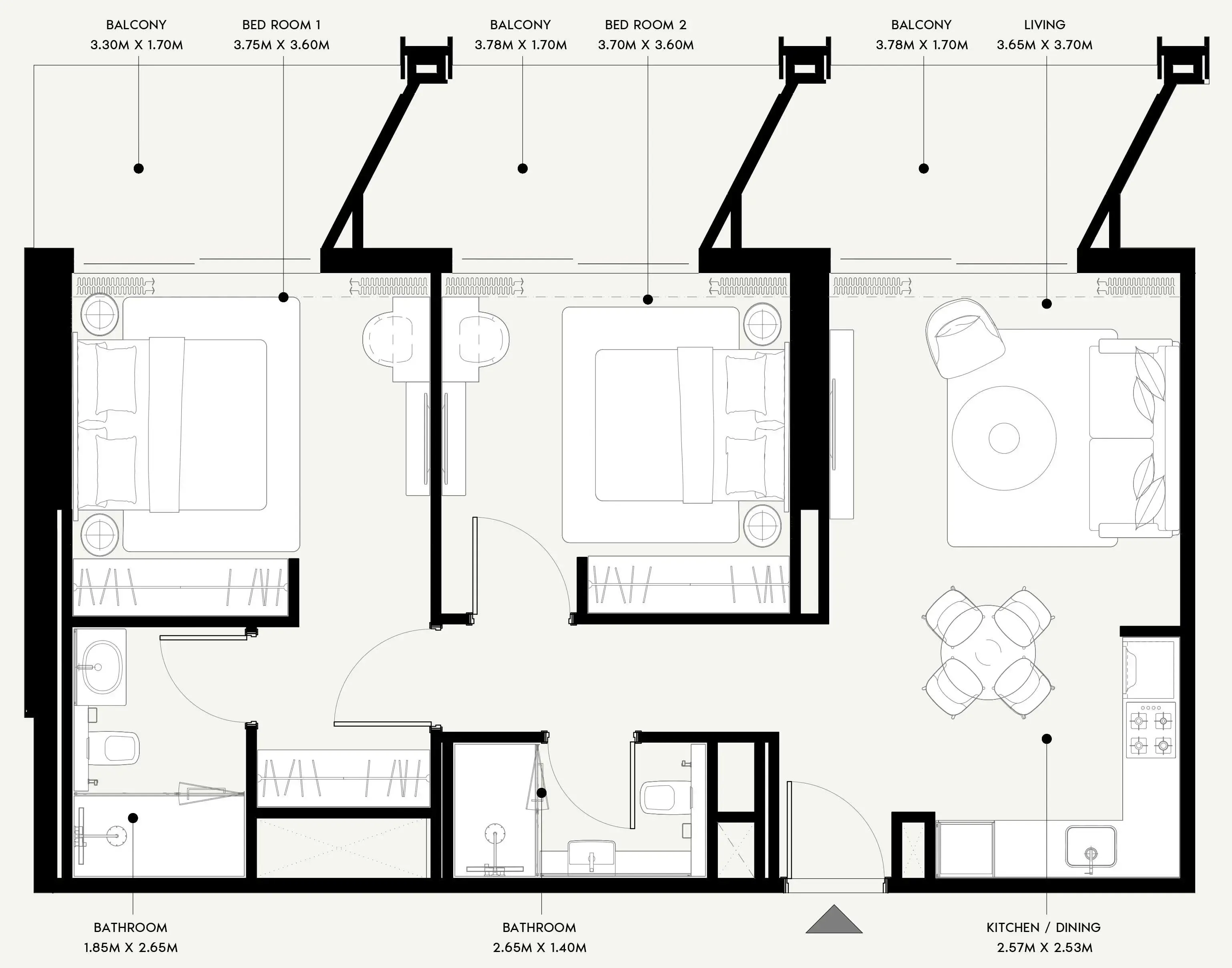 Azizi Venice 2 bed floor plan, 1,066 sqft
