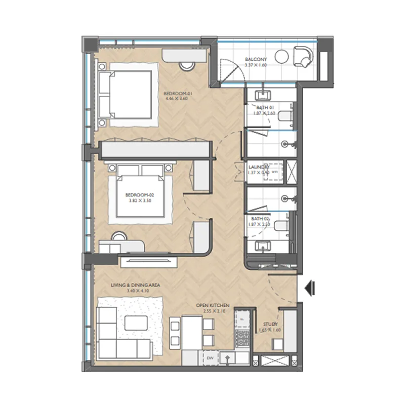 The Collective 2 bed floor plan, 1,071 sqft