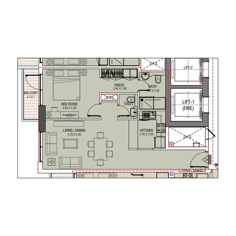 Al Waleed W.S 1 1 bed floor plan, 704 – 711 sqft