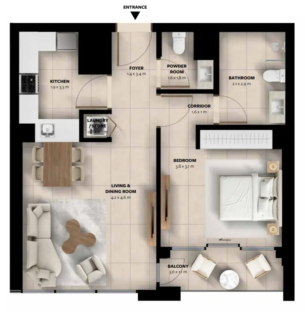 Waada Dubai South 1 bed floor plan, 748 – 749 sqft