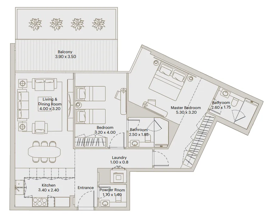 Eleve 2 bed floor plan, 1,306 sqft
