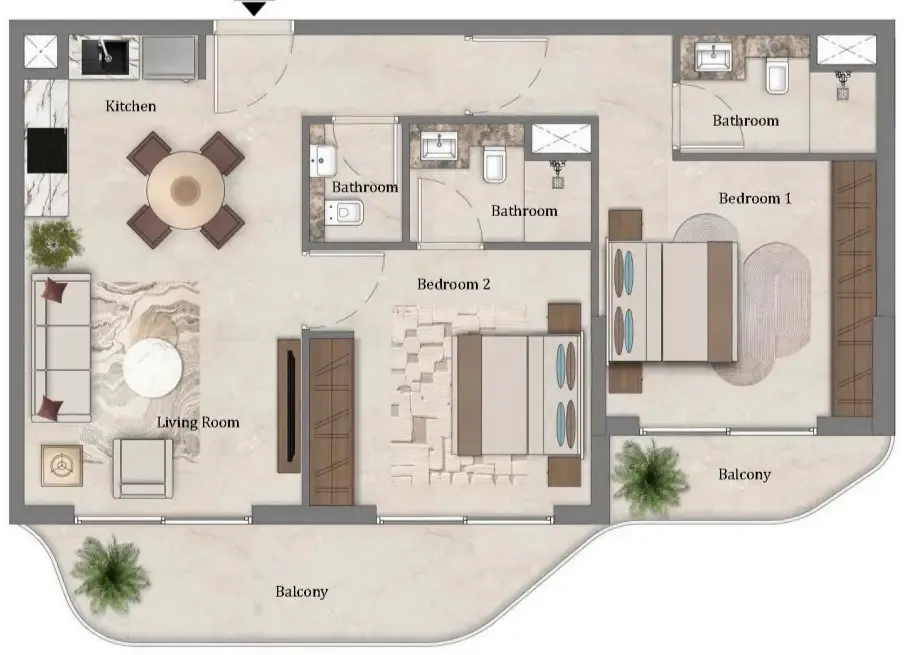 Mirari Lagoon by Zoya 2 bed floor plan, 947 sqft
