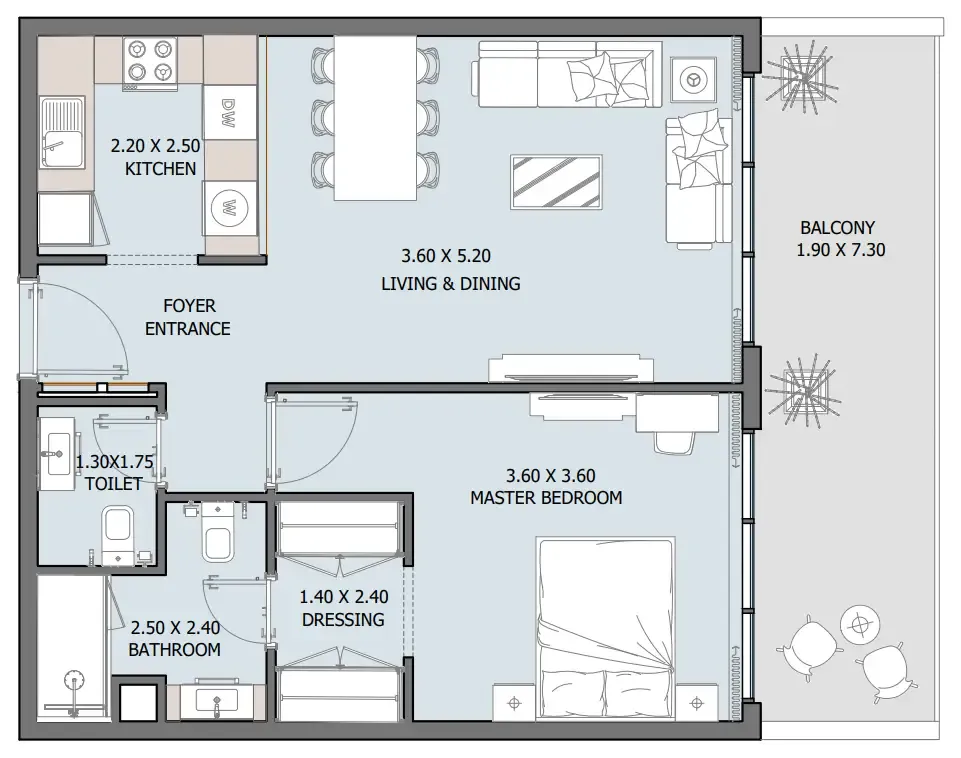Oceana 1 bed floor plan, 806 sqft