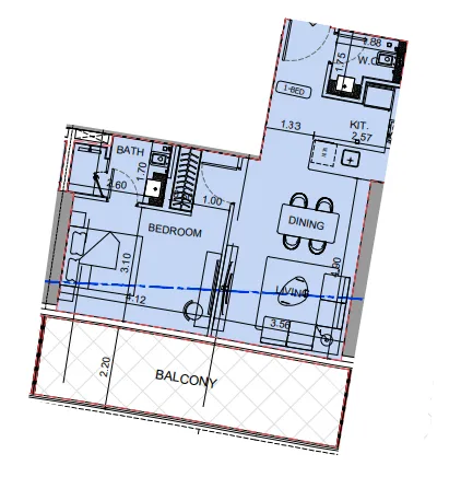 Binghatti Aquarise 1 bed floor plan, 835 sqft