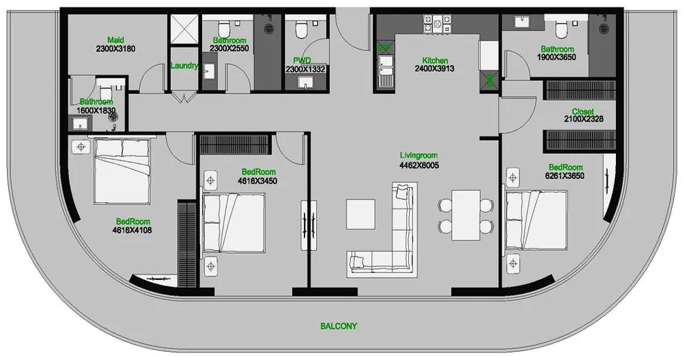 The Central Downtown 3 bed floor plan, 2,225 sqft