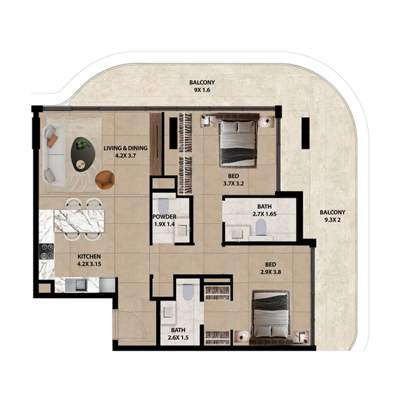 Marquis Horizon 2 bed floor plan, 1,069 – 1,079 sqft