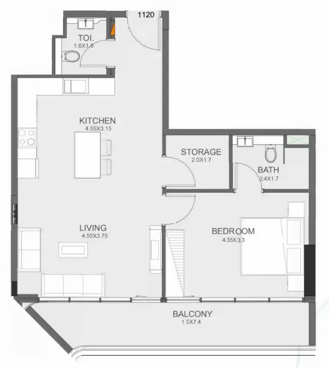 Floarea Oasis 1 bed floor plan, 856 sqft