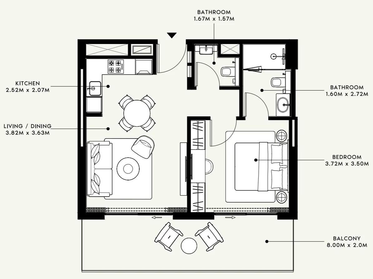 Azizi Venice 1 bed floor plan, 724 sqft
