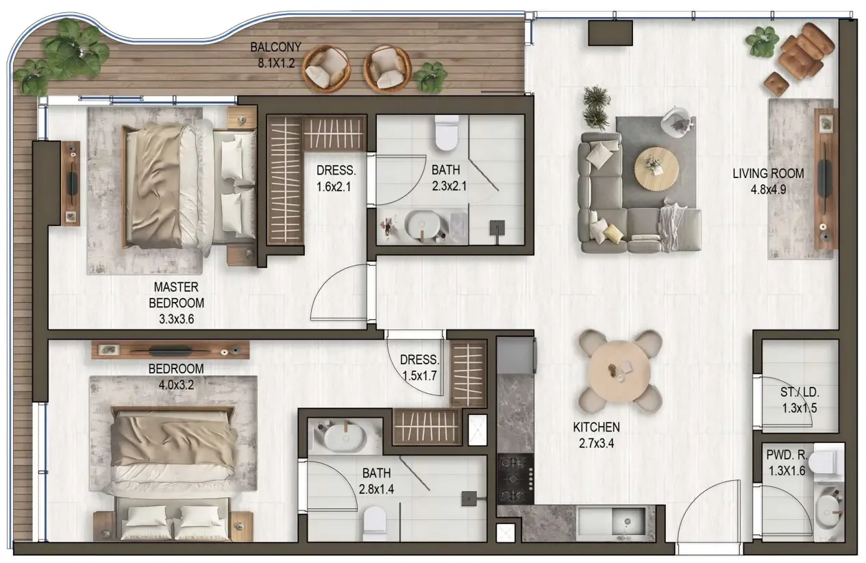 Noore 2 bed floor plan, 1,220 sqft