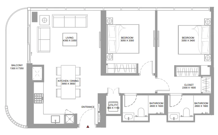 Canalside Marina Residences 2 bed floor plan, 986 – 989 sqft