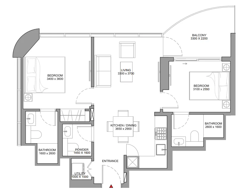 Sobha Aquamont 2 bed floor plan, 777 sqft