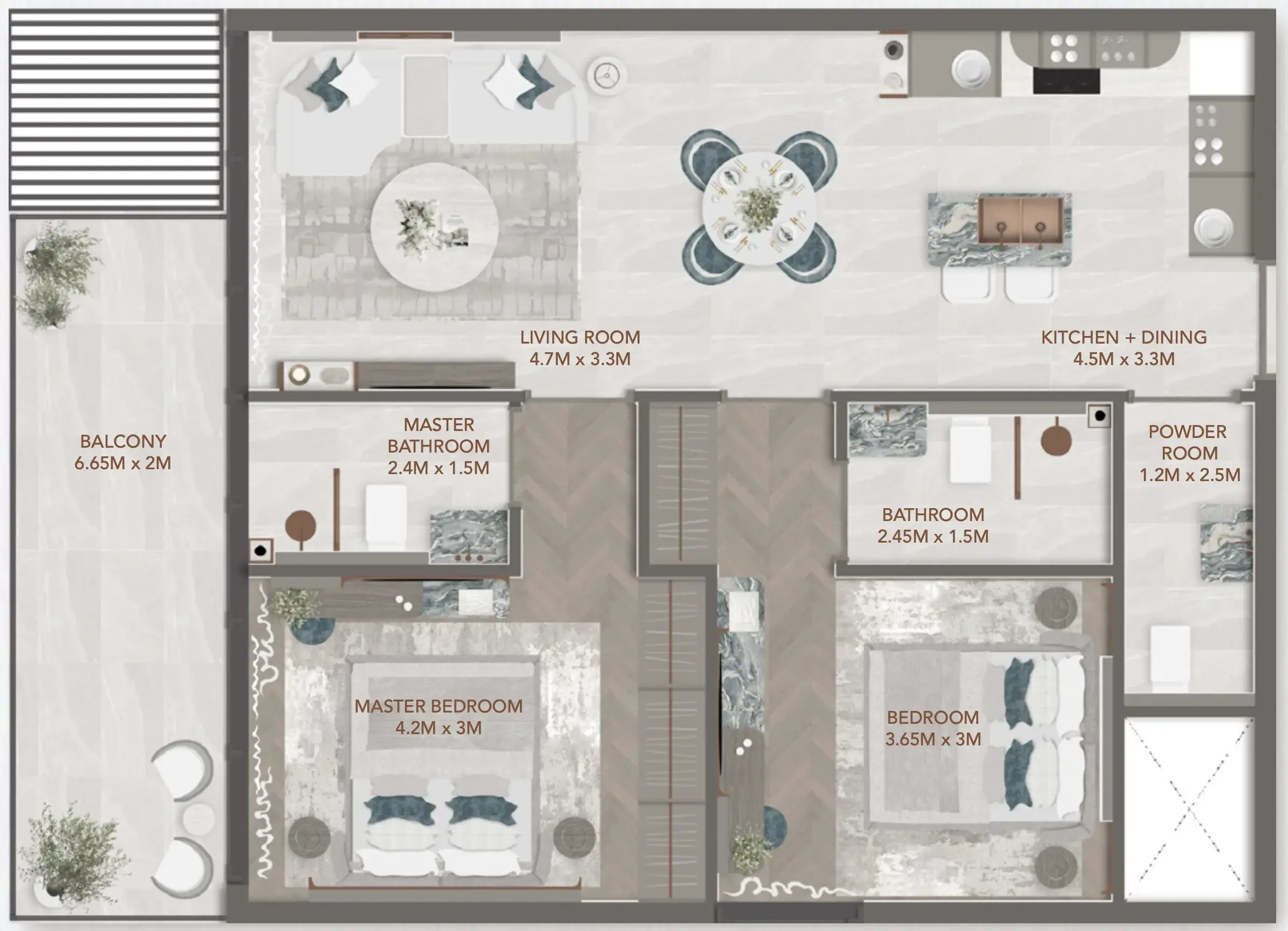 241 Waterside 2 bed floor plan, 954 sqft