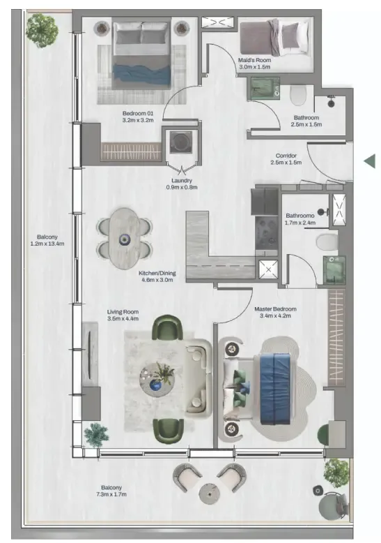 Oceara Park View Residences Phase 1 2 bed floor plan, 1,228 sqft