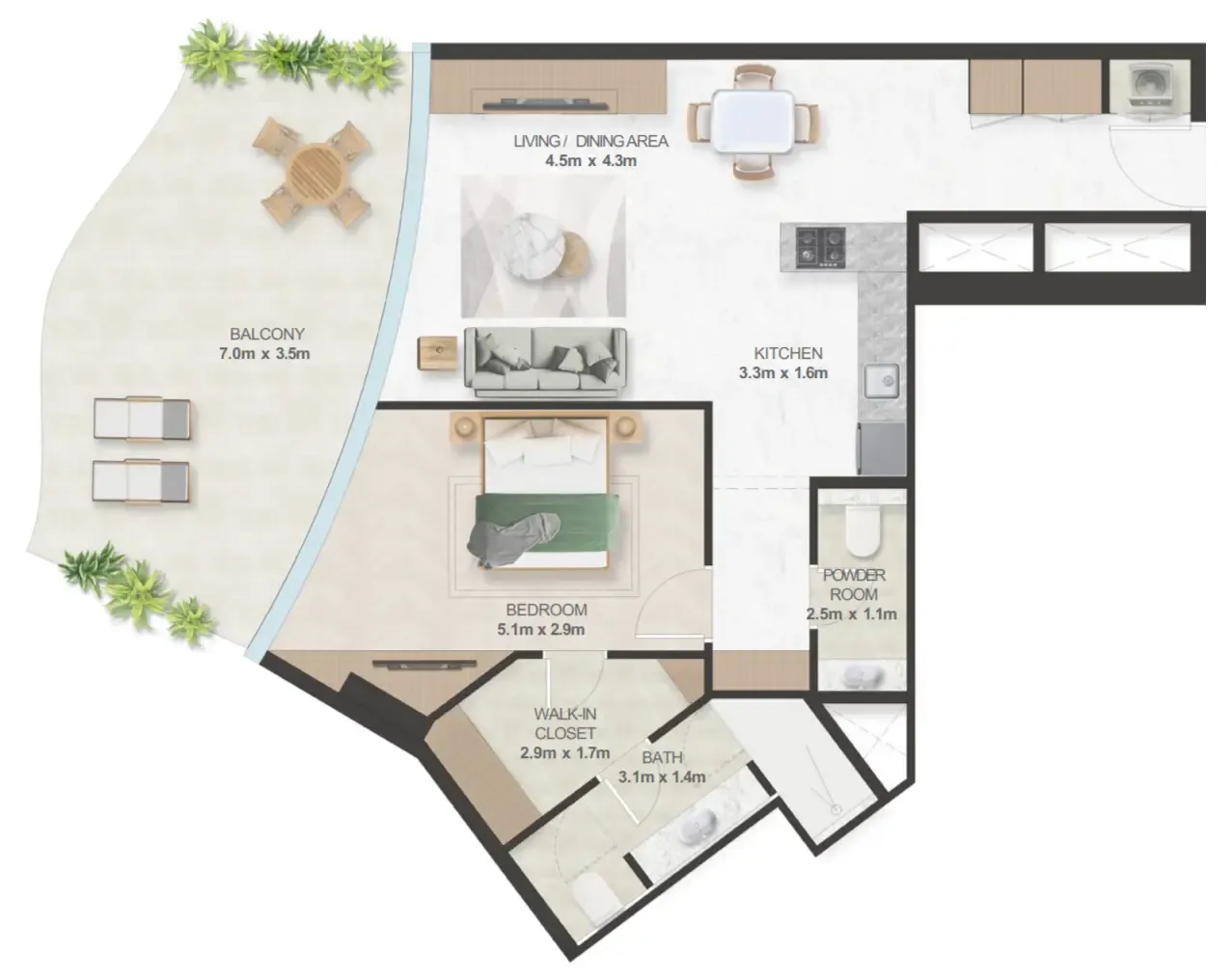 Oystra 1 bed floor plan, 1,066 sqft