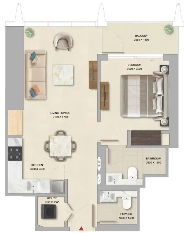 The Pinnacle at Sobha Central 1 bed floor plan, 641 sqft