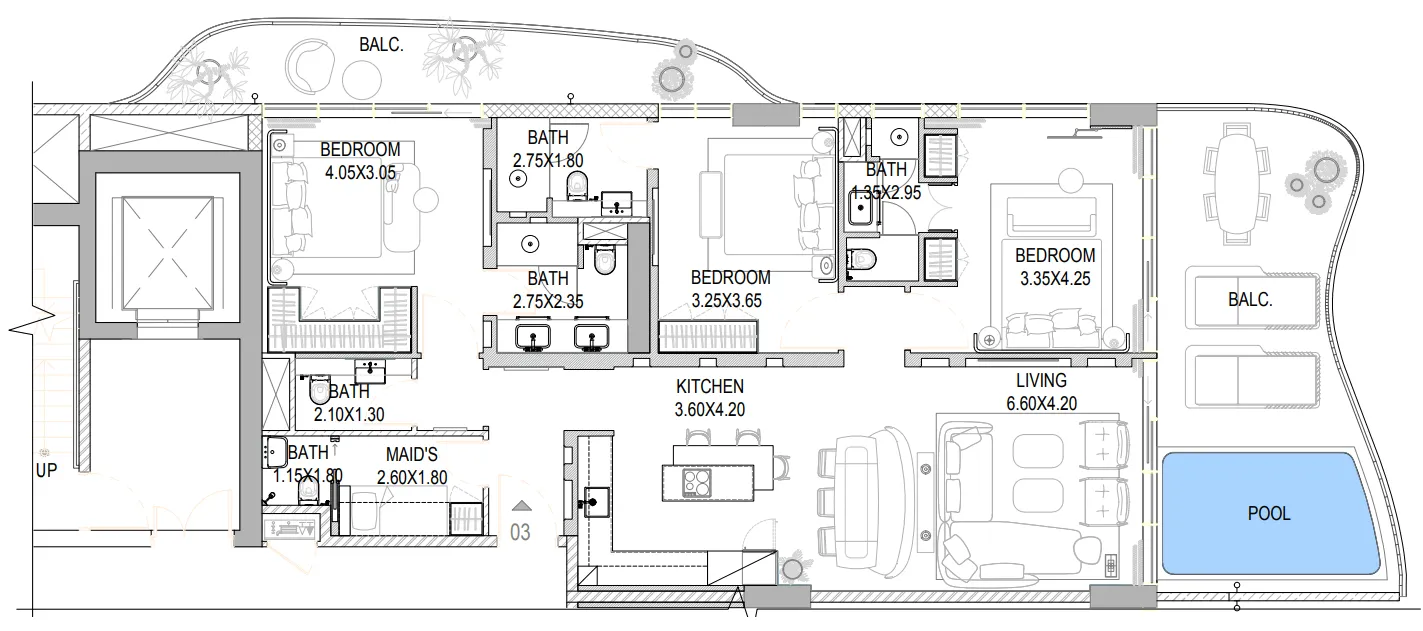 The Pier Residences 3 bed floor plan, 1,958 sqft