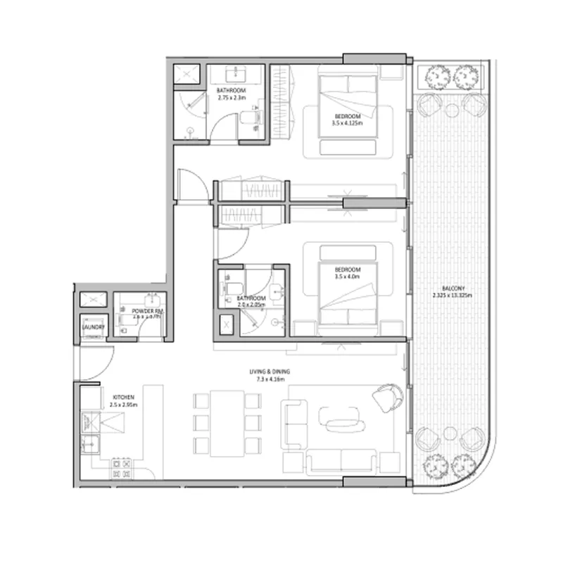 The Blue Beach Residence 2 bed floor plan, 1,491 sqft